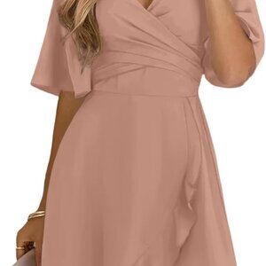 Women's Wrap V Neck Short Flared Sleeve Wedding Guest Dress Smocked Elastic Wais